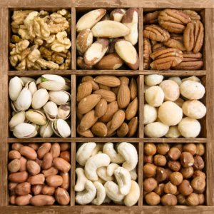 Assorted nuts in a wooden box